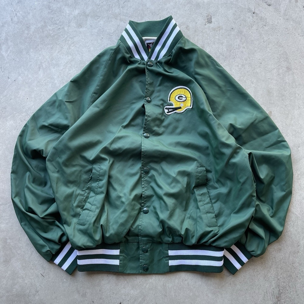 Vintage 80s Green Bay Packers Jacket Mens XL Green Satin NFL Football‎ Snap